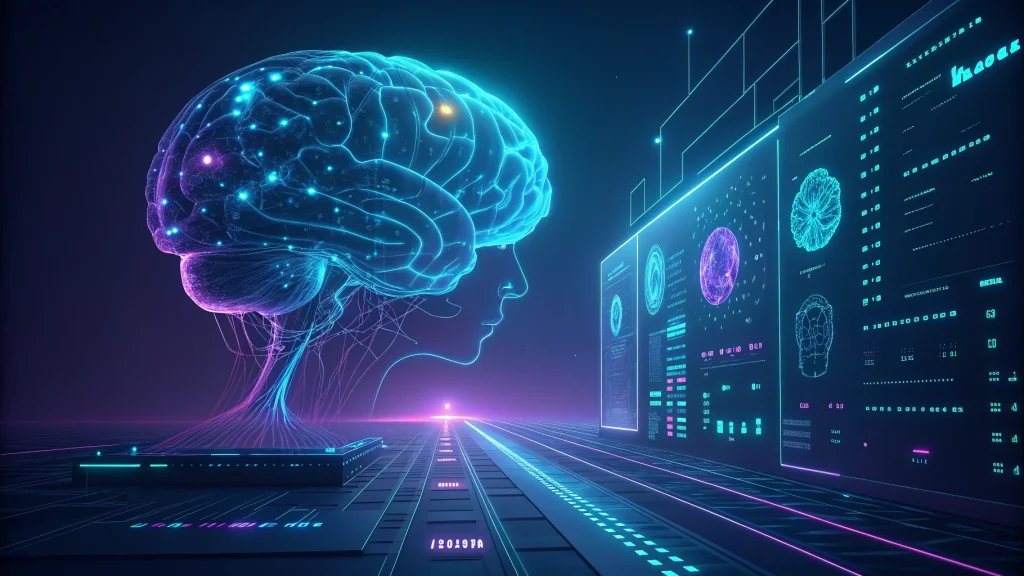 Futuristic AI brain connecting to a website interface, neon blue and purple lighting.