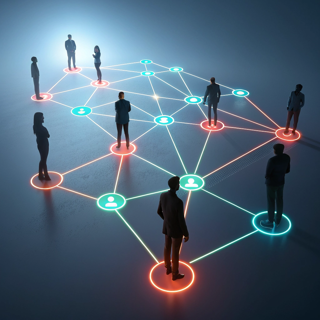 Abstract representation of personalized user experience with data nodes and human silhouettes.