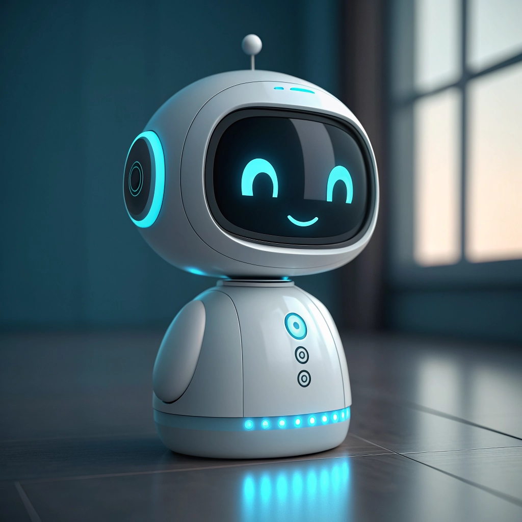 Modern AI chatbot interface with a friendly holographic avatar.